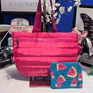 Pink Puffy Fashion Purse With Beaded Watermelon Case/Wallet